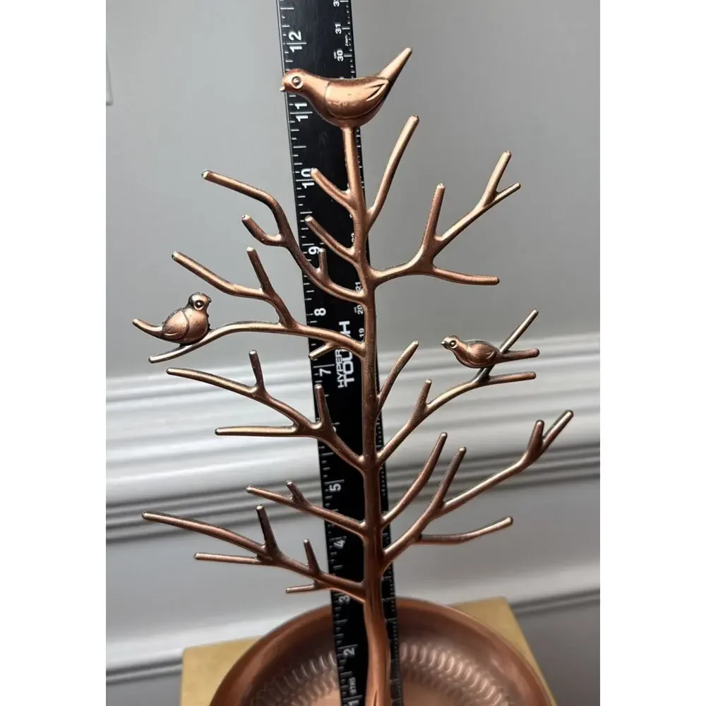 Copper Tone Bird Tree Jewelry Holder Organizer Trinket Dish Necklace Stand